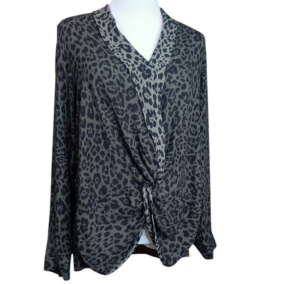 NEW EXPRESS Draped V-Neck Blouse Top Medium Green Black Animal Print Career Work - Picture 5 of 9
